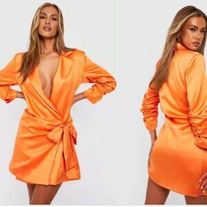 Boohoo Orange Premium Satin Blazer Dress With Gathered Sleeves